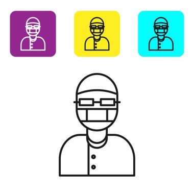 Siyah çizgi yardımcı simgesi beyaz arkaplanda izole edildi. Renkli kare düğmeleri ayarlayın. Vektör İllüstrasyonu