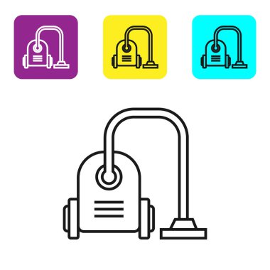 Siyah çizgi elektrikli süpürge ikonu beyaz arkaplanda izole edildi. Renkli kare düğmeleri ayarlayın. Vektör İllüstrasyonu