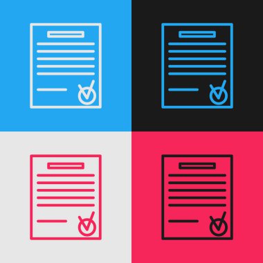 Renk satırı onaylandı belge ve işaret simgesi renk arkaplanı üzerinde izole edildi. Kontrol listesi simgesi. İş konsepti. Klasik tarzda çizim. Vektör İllüstrasyonu