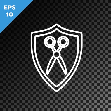 Beyaz çizgi makas kuaförü ve kalkan ikonu şeffaf koyu arkaplanda izole edilmiş. Kuaför, moda salonu ve berber tabelası. Berber dükkanı sembolü. Vektör İllüstrasyonu