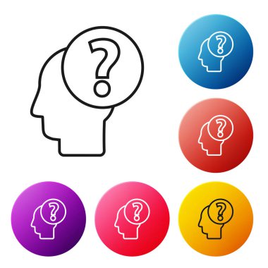 Beyaz arka planda soru işareti simgesi olan siyah çizgi insan kafası. Renkli daire düğmelerini ayarlayın. Vektör İllüstrasyonu