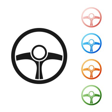 Siyah direksiyon simgesi beyaz arkaplanda izole edilmiş. Araba tekeri ikonu. Simgeleri renklendirin. Vektör İllüstrasyonu