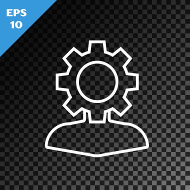 Beyaz çizgi insan ve simgenin içindeki teçhizat şeffaf karanlık arka planda izole edilmiş. Yapay zeka. Beyin işaretini düşünüyorum. Beynin sembol çalışması. Vektör İllüstrasyonu