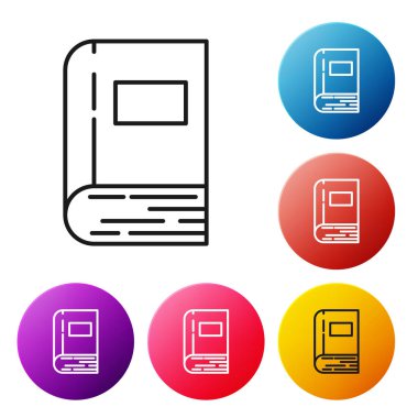 Siyah çizgi kitap simgesi beyaz arkaplanda izole edildi. Renkli daire düğmelerini ayarlayın. Vektör İllüstrasyonu