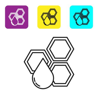 Siyah çizgi Petek simgesi beyaz arka plan üzerinde izole. Bal hücreleri sembolü. Tatlı doğal yemekler. Simgeleri renkli kare düğmeleri ayarlayın. Vektör İllüstrasyonu