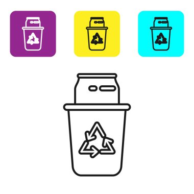 Geri dönüşüm sembollü siyah çizgi geri dönüşüm kutusu ve beyaz arkaplanda izole edilmiş simge. Çöp kutusu simgesi. Çöp kutusu tabelası. Geri dönüşüm sepeti işareti. Renkli kare düğmeleri ayarlayın. Vektör İllüstrasyonu