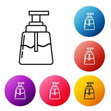 Beyaz arka planda siyah çizgi tıraş losyonu ikonu izole edildi. Parfüm spreyi ikonu. Erkek parfüm şişesi. Renkli daire düğmelerini ayarlayın. Vektör İllüstrasyonu