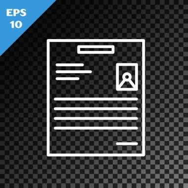 Beyaz çizgi kişisel belge simgesi şeffaf koyu arkaplanda izole edildi. Dosya simgesi. Kontrol listesi simgesi. İş konsepti. Vektör İllüstrasyonu