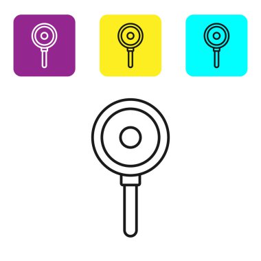 Siyah çizgi kızartma tavası simgesi beyaz arkaplanda izole edildi. Kızartma veya kızartma gıda sembolü. Renkli kare düğmeleri ayarlayın. Vektör İllüstrasyonu