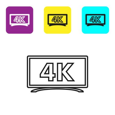 Beyaz zemin üzerinde 4k Ultra Hd video teknolojisi ikonu olan siyah çizgi ekran televizyon. Renkli kare düğmeleri ayarlayın. Vektör İllüstrasyonu