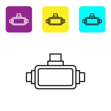 Siyah çizgi Sanal gerçeklik gözlüğü simgesi beyaz arkaplanda izole edilmiş. Stereoskopik 3D VR maskesi. Renkli kare düğmeleri ayarlayın. Vektör İllüstrasyonu