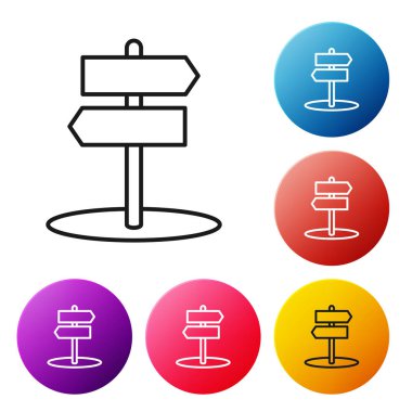 Siyah çizgi trafik levhası. Beyaz arkaplanda sinyal simgesi izole edildi. İşaretçi sembolü. İzole sokak bilgi levhası. Yön tabelası. Renkli daire düğmelerini ayarlayın. Vektör İllüstrasyonu