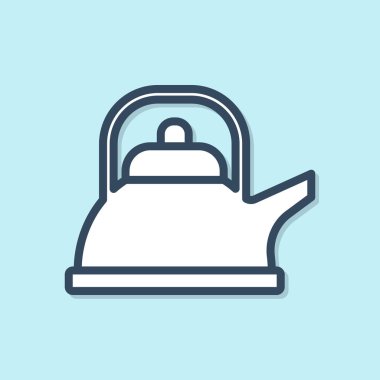 Mavi çizgili Kettle mavi arka planda ikon izole edilmiş. Çaydanlık ikonu. Vektör İllüstrasyonu