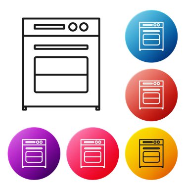 Beyaz arkaplanda siyah çizgi fırın simgesi izole edildi. Fırın tabelası. Renkli daire düğmelerini ayarlayın. Vektör İllüstrasyonu