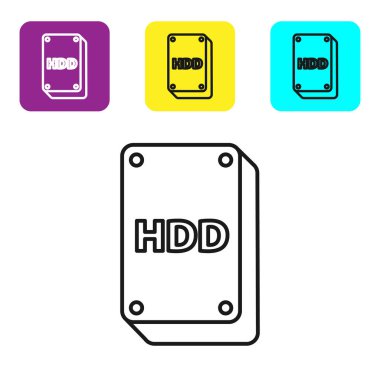Siyah Hdd Disk Sürücüsü simgesi beyaz arkaplanda izole edildi. Renkli kare düğmeleri ayarlayın. Vektör İllüstrasyonu