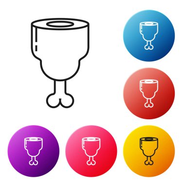 Siyah çizgi Tavuk bacak simgesi beyaz arka plan üzerinde izole. Tavuk baget. Simgeleri renkli daire düğmeleri ayarlayın. Vektör İllüstrasyonu