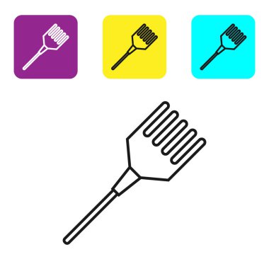 Beyaz arkaplanda siyah çizgi saç fırçası simgesi izole edildi. Taraklı saç işareti. Berber sembolü. Renkli kare düğmeleri ayarlayın. Vektör İllüstrasyonu