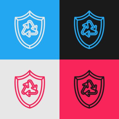 Kalkan simgesinin içindeki renk çizgisi geri dönüşüm sembolü renk arkaplanında izole edildi. Çevre koruma işareti. Klasik tarzda çizim. Vektör İllüstrasyonu