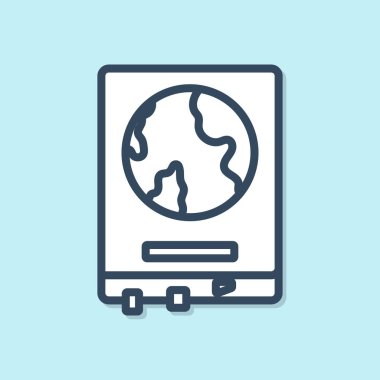 Mavi çizgi dünya haritası mavi arka planda izole edilmiş bir okul karatahta simgesi. Tahtaya harita çiziyorum. Vektör İllüstrasyonu