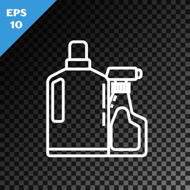 Beyaz çizgi plastik şişeler sıvı çamaşır deterjanı, çamaşır suyu, bulaşık deterjanı ya da şeffaf karanlık arka planda izole edilmiş başka bir temizlik maddesi. Vektör İllüstrasyonu