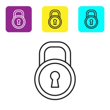 Beyaz arka planda yalıtılmış siyah çizgi Kilit simgesi. Asma kilit işareti. Güvenlik, güvenlik, koruma, gizlilik kavramı. Simgeleri renkli kare düğmeleri ayarlayın. Vektör İllüstrasyonu