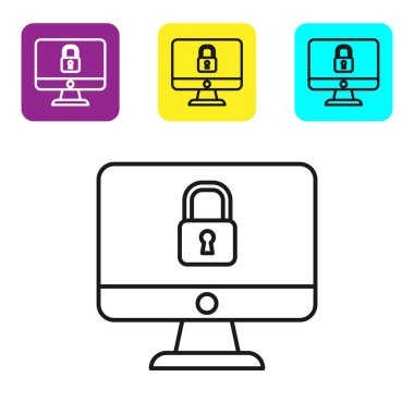 Bilgisayar monitörü simgesindeki siyah çizgi kilidi beyaz arkaplanda izole edildi. Güvenlik, güvenlik, koruma kavramı. Güvenli bir ağ. Renkli kare düğmeleri ayarlayın. Vektör İllüstrasyonu