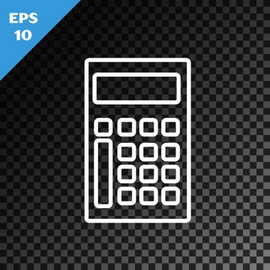 Saydam koyu arka planda yalıtılmış beyaz çizgi hesap makinesi simgesi. Muhasebe sembolü. İş hesaplamaları matematik eğitim ve finans. Vektör İllüstrasyonu