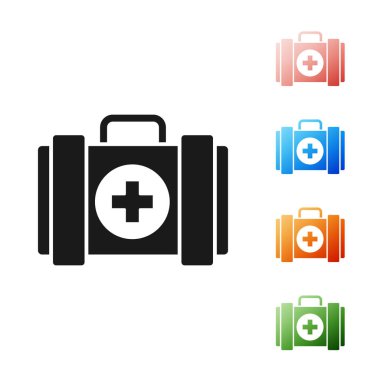 Siyah Pet ilk yardım kiti simgesi beyaz arka plan üzerinde izole. Köpek ya da kedi pençesi izi. Klinik kutusu. Simgeleri renkli ayarlayın. Vektör İllüstrasyonu