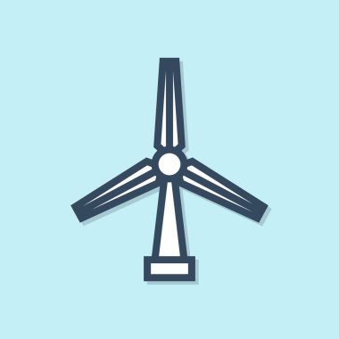 Mavi çizgi rüzgar türbini simgesi mavi arkaplanda izole edildi. Rüzgar jeneratörü işareti. Yel değirmeni silueti. Elektrik üretimi için yel değirmeni. Vektör İllüstrasyonu