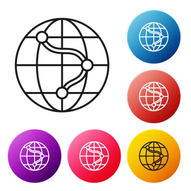 Beyaz arkaplanda izole edilmiş siyah çizgi simgesi. Dünya ya da Dünya işareti. Renkli daire düğmelerini ayarlayın. Vektör İllüstrasyonu