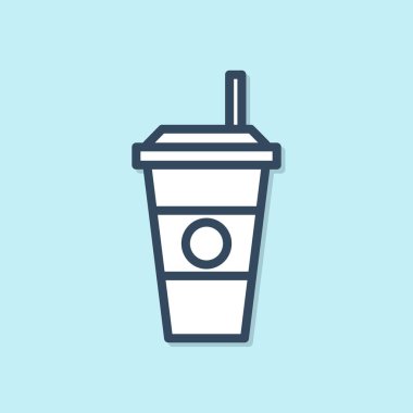 Mavi çizgi kahve fincanı ikonu mavi arka planda izole edilmiş. Tek kullanımlık kahve bardağı ve sıcak kahve. Vektör İllüstrasyonu