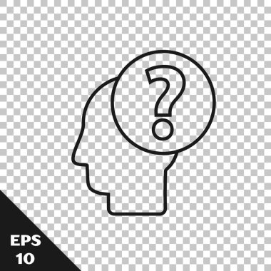 Şeffaf arkaplanda soru işareti simgesi olan siyah çizgi insan kafası. Vektör İllüstrasyonu