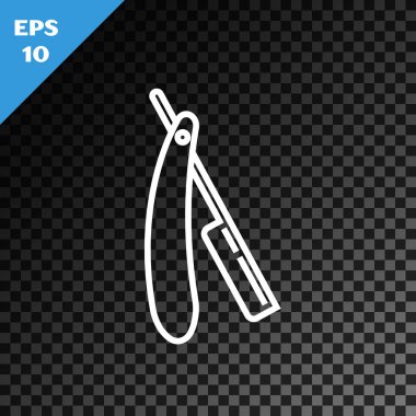 Beyaz çizgi düz jilet simgesi, şeffaf koyu arkaplanda izole edilmiş. Berber dükkanı sembolü. Vektör İllüstrasyonu