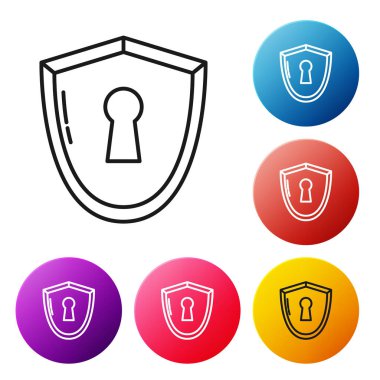 Beyaz arkaplanda izole edilmiş anahtar deliği simgesi olan siyah çizgi kalkanı. Koruma, güvenlik kavramı. Güvenlik rozeti ikonu. Mahremiyet bayrağı. Savunma etiketi. Renkli daire düğmelerini ayarlayın. Vektör İllüstrasyonu