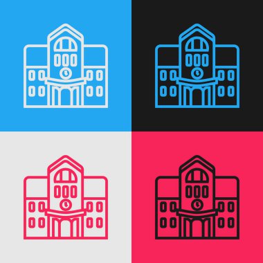 Renk çizgisi okul binası simgesi renk arkaplanında izole edildi. Klasik tarzda çizim. Vektör İllüstrasyonu