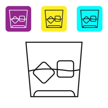 Beyaz arka planda izole edilmiş siyah çizgili viski ve buz küpleri simgesi. Renkli kare düğmeleri ayarlayın. Vektör İllüstrasyonu