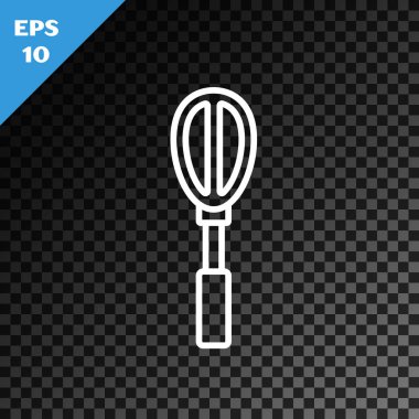 Beyaz çizgi Mutfak çırpma simgesi şeffaf koyu arkaplanda izole edildi. Mutfak aletleri, yumurta çırpıcı. Çatal bıçak seti. Yemek karışımı sembolü. Vektör İllüstrasyonu