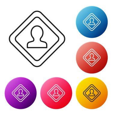 Siyah çizgi trafik levhası. Beyaz arkaplanda sinyal simgesi izole edildi. İşaretçi sembolü. İzole sokak bilgi levhası. Yön tabelası. Renkli daire düğmelerini ayarlayın. Vektör İllüstrasyonu