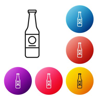 Siyah çizgi bira şişesi ikonu beyaz arka planda izole edilmiş. Renkli daire düğmelerini ayarlayın. Vektör İllüstrasyonu