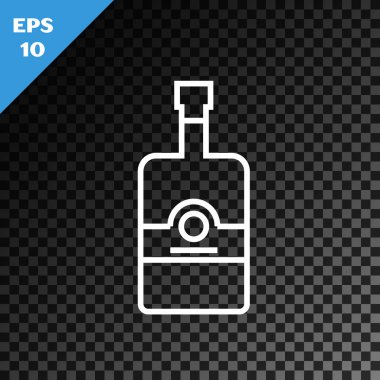 Beyaz çizgili viski şişesi simgesi, şeffaf koyu arkaplanda izole edilmiş. Vektör İllüstrasyonu