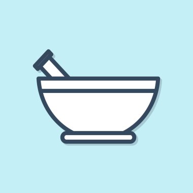 Mavi çizgi havan ve tokmak simgesi mavi arkaplanda izole edildi. Vektör İllüstrasyonu