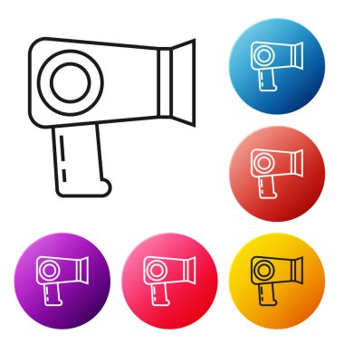 Siyah çizgi saç kurutma ikonu beyaz arkaplanda izole edildi. Saç kurutma makinesi tabelası. Saç kurutma sembolü. Sıcak hava üflüyor. Renkli daire düğmelerini ayarlayın. Vektör İllüstrasyonu