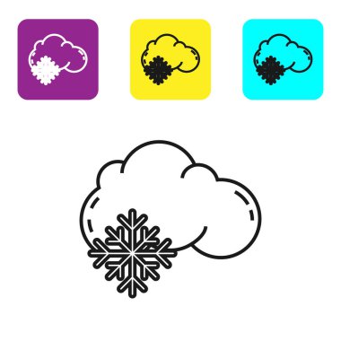 Beyaz zemin üzerinde kar ikonu olan siyah çizgi bulutu. Kar taneli bulut. Tek hava ikonu. Kar tabelası. Renkli kare düğmeleri ayarlayın. Vektör İllüstrasyonu