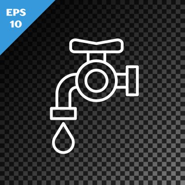 Beyaz çizgi su musluğu simgesi şeffaf koyu arkaplanda izole edildi. Vektör İllüstrasyonu