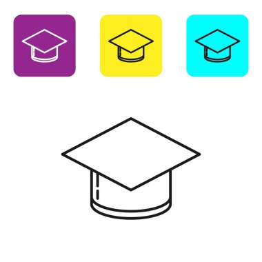 Siyah çizgi mezuniyet başlığı simgesi beyaz arkaplanda izole edildi. Tassel ikonlu mezuniyet şapkası. Renkli kare düğmeleri ayarlayın. Vektör İllüstrasyonu