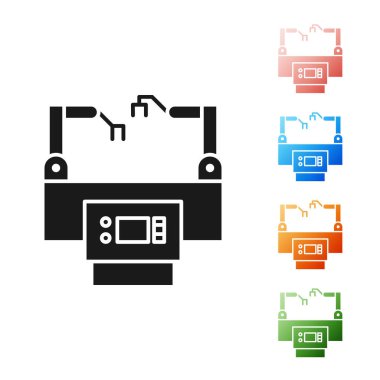 Siyah Assembly çizgi simgesi beyaz arkaplanda izole edildi. Otomatik üretim taşıyıcısı. Robot endüstrisi konsepti. Simgeleri renklendirin. Vektör İllüstrasyonu