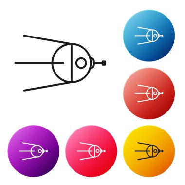 Beyaz arkaplanda siyah çizgi uydu simgesi izole edildi. Renkli daire düğmelerini ayarlayın. Vektör İllüstrasyonu