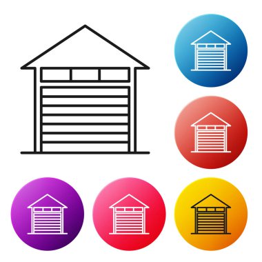 Siyah çizgi kapalı depo simgesi beyaz arkaplanda izole edildi. Renkli daire düğmelerini ayarlayın. Vektör İllüstrasyonu