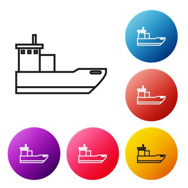 Siyah çizgi kargo gemisi simgesi beyaz arkaplanda izole edildi. Renkli daire düğmelerini ayarlayın. Vektör İllüstrasyonu