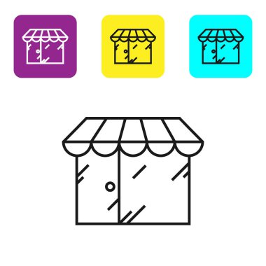 Beyaz arka planda siyah çizgi berber binası ikonu izole edildi. Renkli kare düğmeleri ayarlayın. Vektör İllüstrasyonu